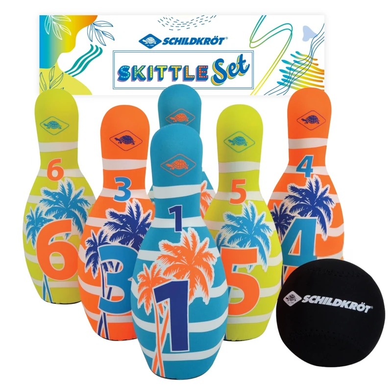Schildkröt Neoprene Bowling Set, 6 Cones (21.5 cm), 1 Ball (Ø9 cm), in a Resealable Mesh Bag, 970149 - Image 1