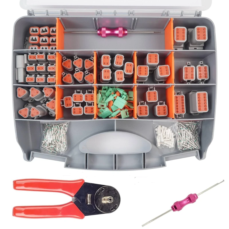 338 pcs DT Deustch Connector Kit,2 3 4 6 8 12 Pin Connectors, Crimping Tool(12-20AWG), DT Connector Removal Tool , Size 16 Solid Terminal Contacts(14-20AWG), Waterproof Automotive Electrical Connector