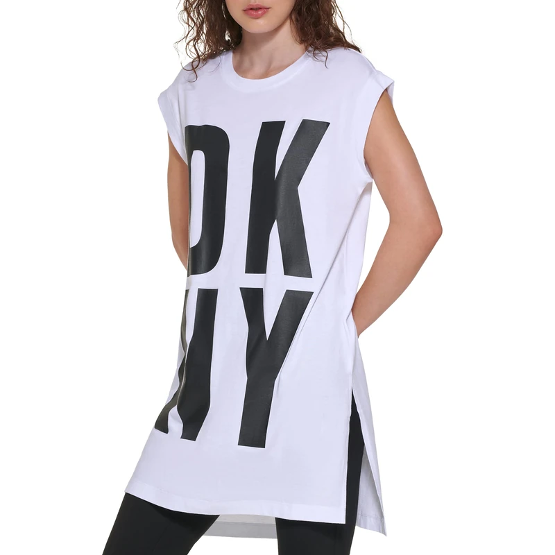 DKNY Women's Exploded Logo Cotton Blend Tunic T-Shirt, weiß/Schwarz, S