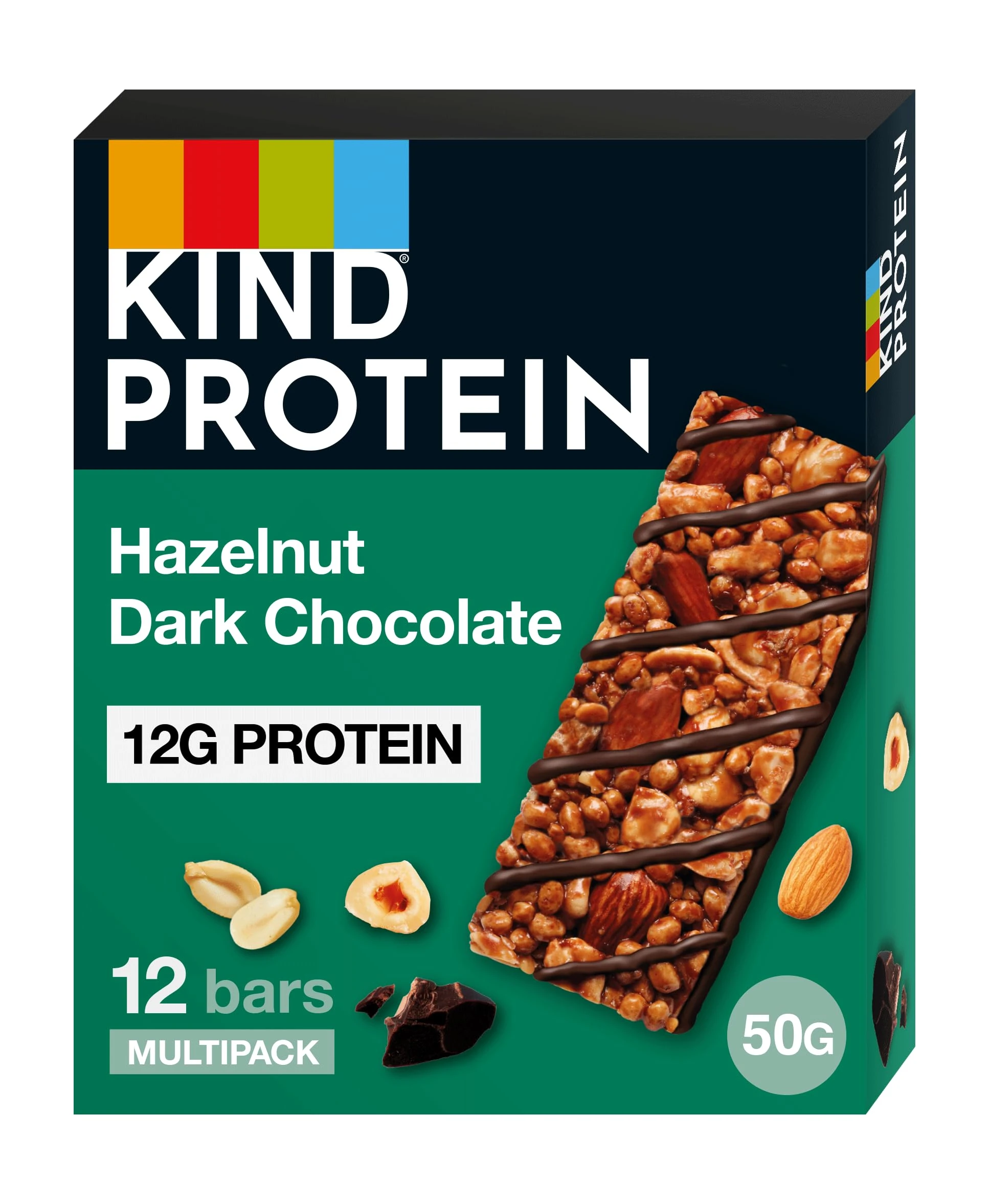 KIND Protein Bars, Gluten Free Snack Bars, Hazelnut Dark Chocolate, High Fibre, Healthy Snack, Source of Protein, Multipack 12 x 50g,Packaging may vary