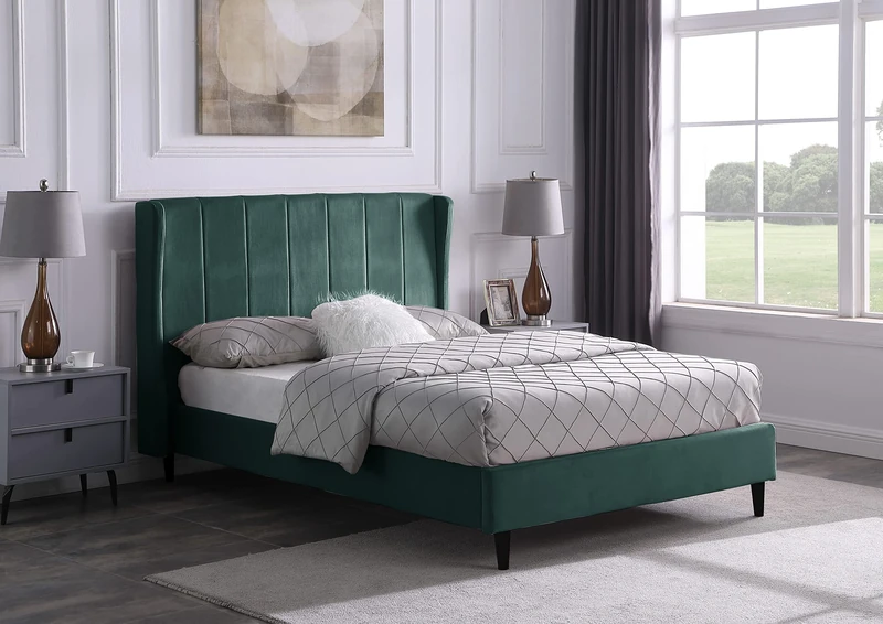 Seconique Amelia 4'6" Double Bed in Green Velvet Fabric