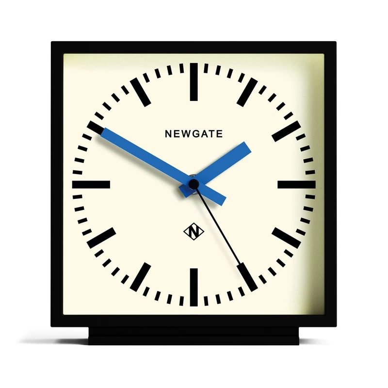 NEWGATE® Amp desk clock | Square station clock design | Black case with blue hands | Modern style for desk, table top, mantel, shelf or bedside