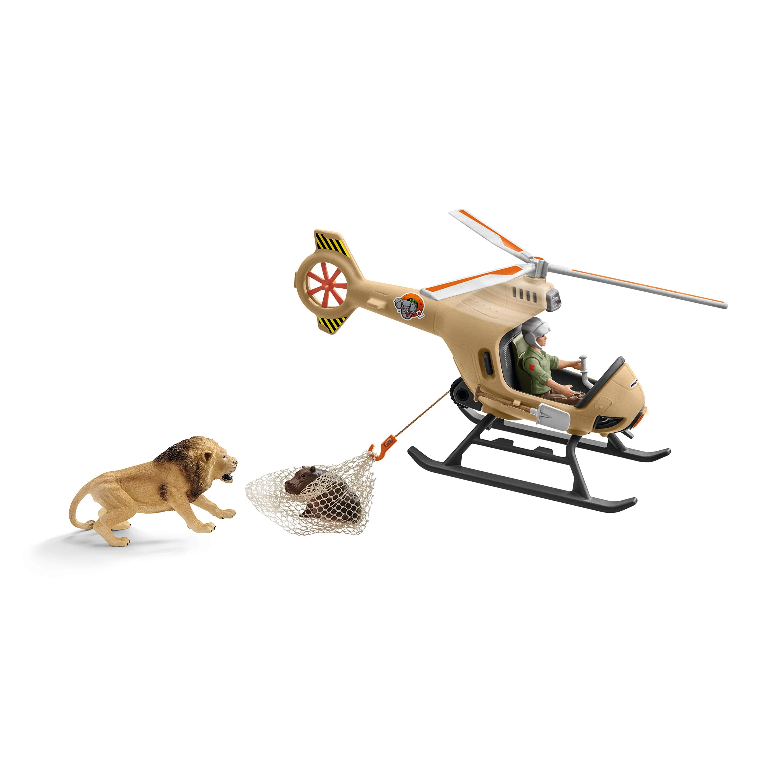 SCHLEICH 42476 Wild Life 8pc Animal Rescue Helicopter Playset with Lion and Hippo Figurine - Highly Detailed Wild Animal Toys Playset, Durable for Education and Fun Play, Perfect for Kids Ages 3+