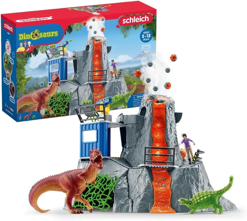 SCHLEICH Dinosaurs - 60PC Volcano Expedition Base Camp Playset - Dinosaur Toy with LED, Smoke Erupting Volcano, Dino Figurines for Boys and Girls - Interactive Playset for Kids Ages 5+ | 42564