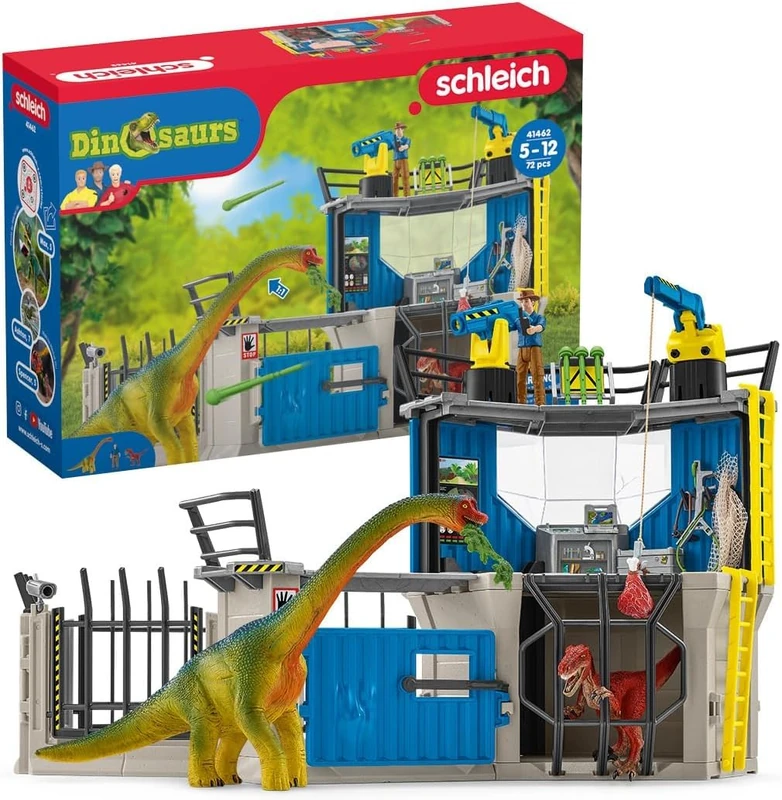 SCHLEICH Dinosaurs - 72PC Large Dinosaur Research Station Playset - Interactive Toy Set with Action Figure and 2 Realistic Movable Dino Figurines for Boys and Girls - Kids Ages 5+ | 41462