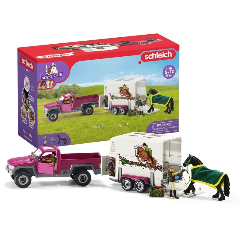 Schleich Horse Club - 38PC Trailer and Truck Transporter Playset with Realistic Horse and Rider Figurines and Accessories - Interactive Toys for Girls and Boys - Kids Ages 5+ | 42346