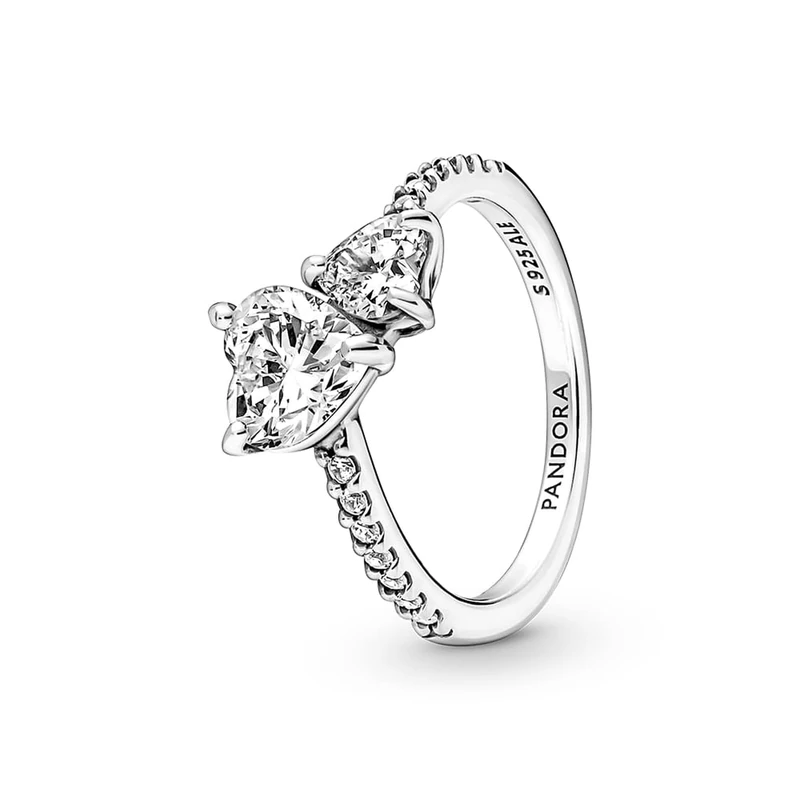 PANDORA Timeless Women's Sterling Silver Double Heart Sparkling Ring, Size 50, With Gift Box - Image 1
