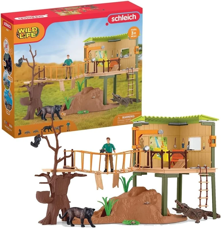 SCHLEICH Wild Life 42594 Safari Ranger Adventure Station Action Playset - Safari Animals Tree Toys Playset with Alligator, Panther, Safari Base, Guide Figurine, Gift for Boys and Girls Ages 3+
