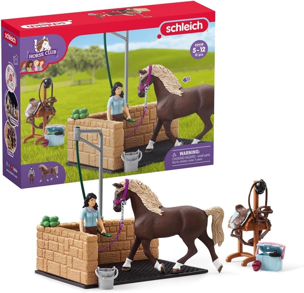 SCHLEICH HORSE CLUB — 42438, 19-Piece Equestrian Washing Area Horse Playset with Horse and Rider Figurines, Washing Stall with Moving Swivel Hose Arm, Horse Toys for Girls & Boys Ages 5+
