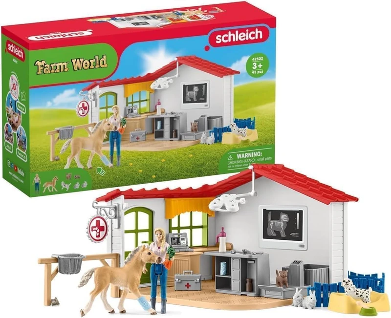 SCHLEICH Farm World - 43 PC Veterinarian Practice Playset with Animal Figures and Accessories - Pet Hospital Play Set with Vet, Horse, Dog, and Cat Figurines - Educational Toys for Kids 3+ | 42502