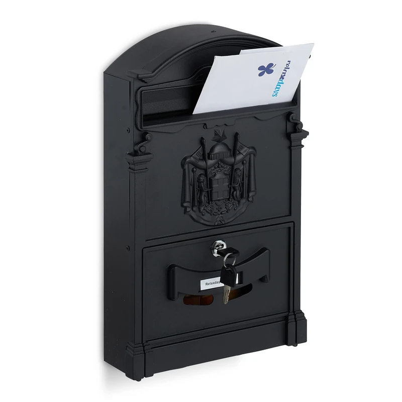 Relaxdays Antique Mailbox, Nostalgic Wall-Mounted Letterbox with Window, HBD: 41 x 25.5 x 9cm, Steel & Aluminium, Black