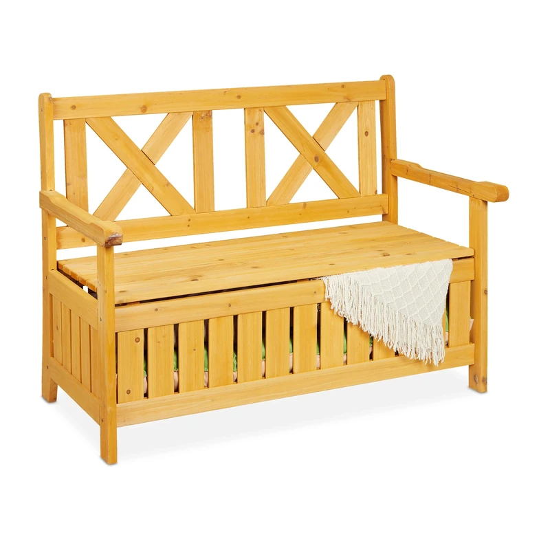 Relaxdays Garden Bench with Integrated Storage, 2-Seater, Sturdy Wooden Loveseat, Garden Balcony, HWD: 85x115x60cm, Wood
