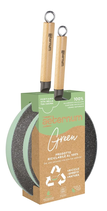 Aeternum Green Induction Wood, Two Non Stick Frying Pans, Suitable for Induction, Beech Wood Handles, Diameter 24 cm and 28 cm, 100% Recyclable Materials, Green