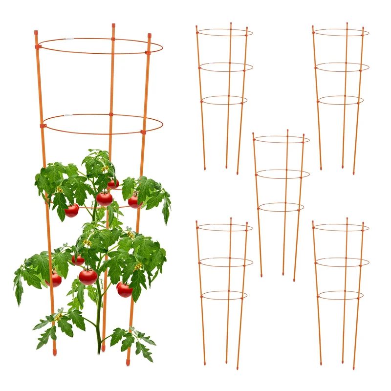 Relaxdays Climbing Aid Set of 6, Metal & Plastic, 76 cm, 3 Adjustable Rings, Trellis Frame Vines Garden Plants, Orange