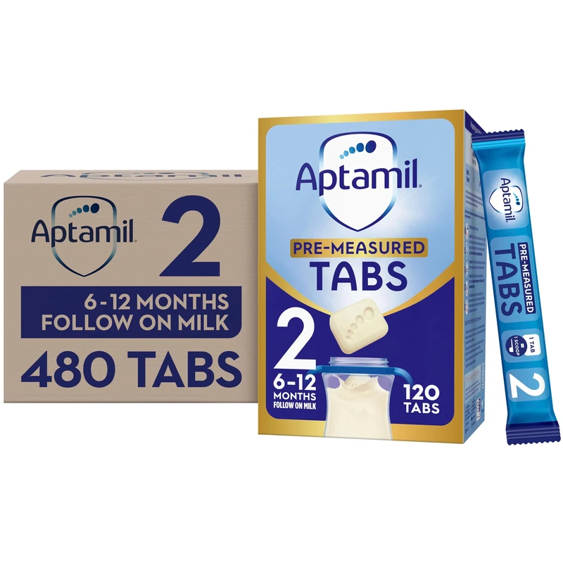 Aptamil 2 Follow On Baby Milk Formula Pre-Measured Tabs, 6-12 Months, 120 Tabs (Pack of 4) - 1 tab = 1 scoop (24g)