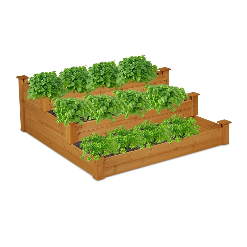 Relaxdays Raised Planter Bed 3 Tiers, Tiered Plant Bed HxWxD 46x122x122 cm, Fir Wood, Garden Grower, Natural Brown