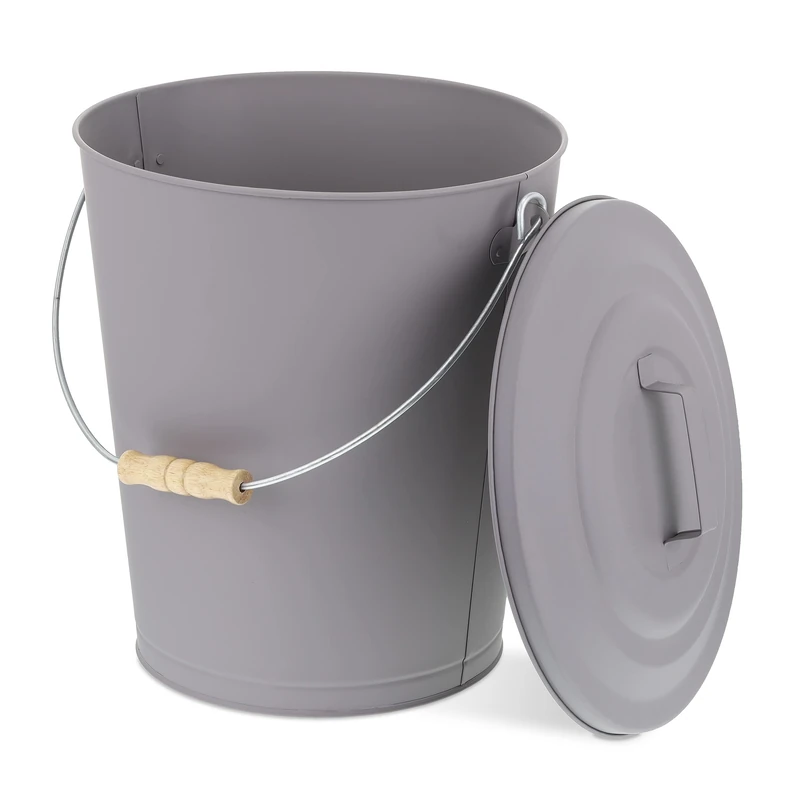 Relaxdays Ash Bucket with Lid, 24l, Charcoal Bin with Handle, Round, Fireplace/Stove/Barbecue, HxØ: 42 x 35.5 cm, Grey, Steel