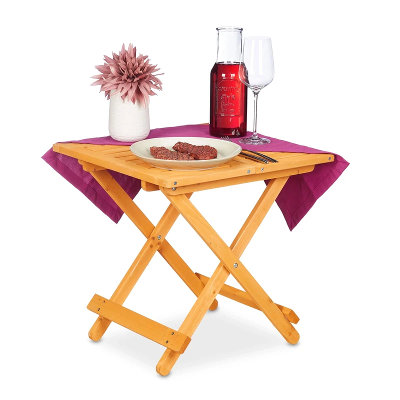Relaxdays Wooden Folding Table, Balcony & Terrace or Camping, Portable, Stable, Side Tray HWD: 50x50x50 cm, Natural Wood, 50 x 50 x 50 cm