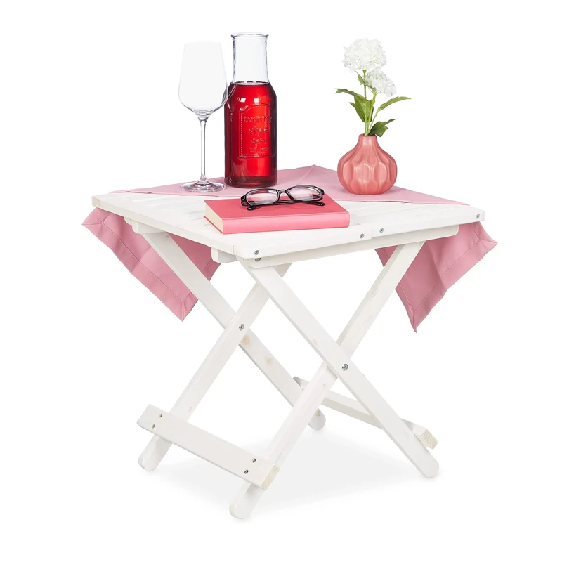 Relaxdays Wooden Folding Table, Balcony & Terrace or Camping, Portable, Stable, Side Tray HWD: 50x50x50 cm, White