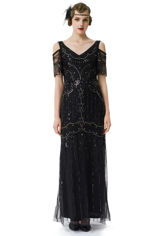 BABEYOND Long Dress V-Neck Party Dress Multi-Layer Long Fringe, Black Gold, L