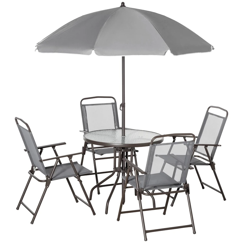 Outsunny 6 Piece Garden Dining Set with Umbrella, Patio Sets with Parasol with 4 Folding Dining Chairs & Round Tempered Glass Table, Grey