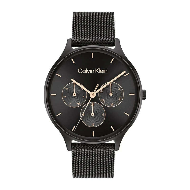 Calvin Klein Analogue Multifunction Quartz Watch for Women Timeless MESH MF Collection with Black Stainless Steel Mesh Bracelet - 25200105