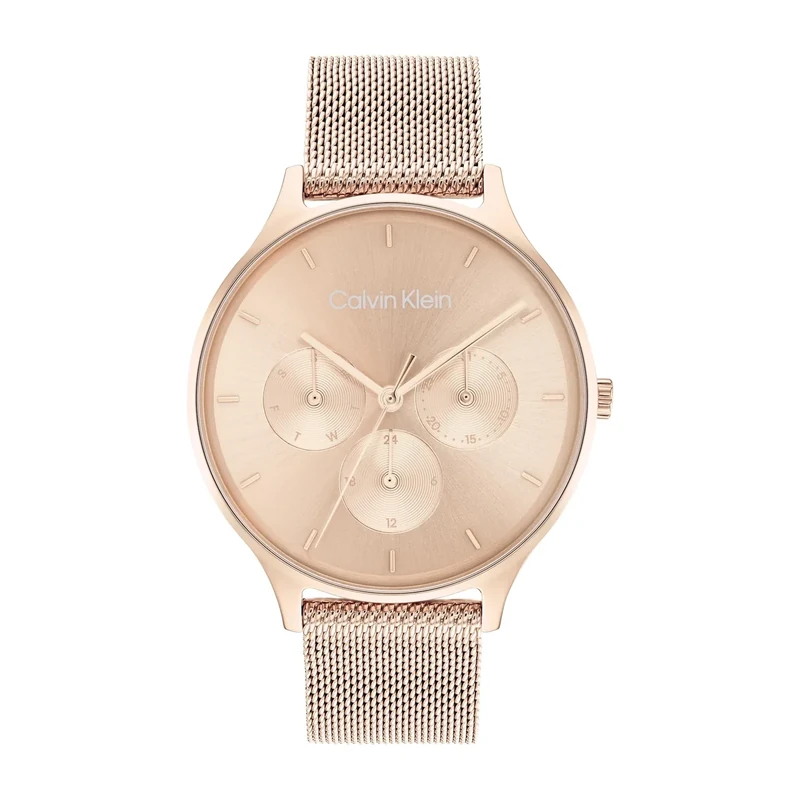 Calvin Klein Analogue Multifunction Quartz Watch for Women Timeless MESH MF Collection with Carnation Gold Colored Stainless Steel Mesh Bracelet - 25200102