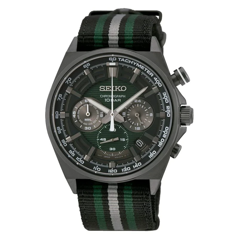 Seiko Men's Chronograph Watch with Green dial and Black/Green NATO Nylon Strap, SSB411P1