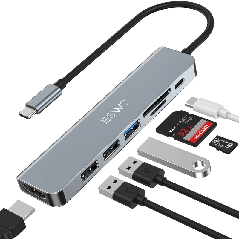 JESWO 7-in-1 USB-C Hub with 4K HDMI, 100W PD, USB 3.0 & Card Reader