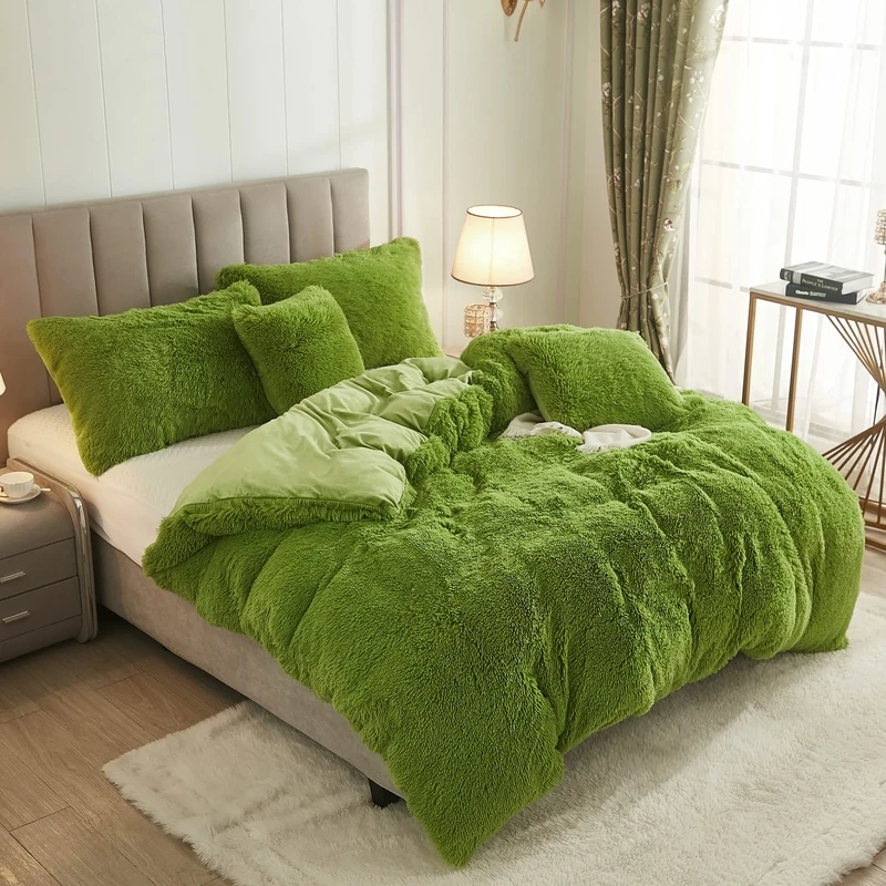 Uhamho Solid Fluffy 1PC Faux Fur Plush Duvet Cover Shaggy Comforter Cover Velvet Bedspread Zipper Closure, No Pillow Sham (Apple Green, Queen)