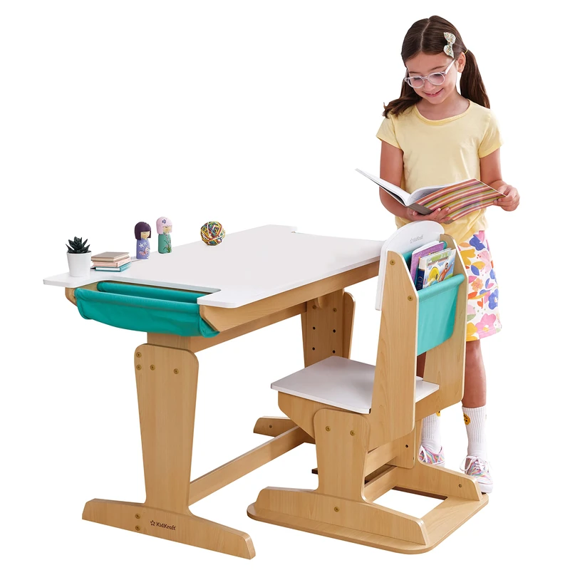 KidKraft Grow Together Pocket Adjustable Kids' Desk and Chair Set with Storage Pockets, Kids Children's Playroom/Bedroom Furniture, 20307