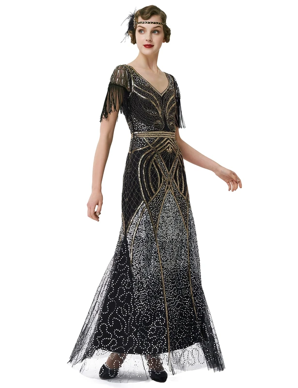 BABEYOND Women's Flapper Dress 1920s V-Neck Evening Gown Sequin Beaded Maxi Dress for Wedding, Black Gold, M