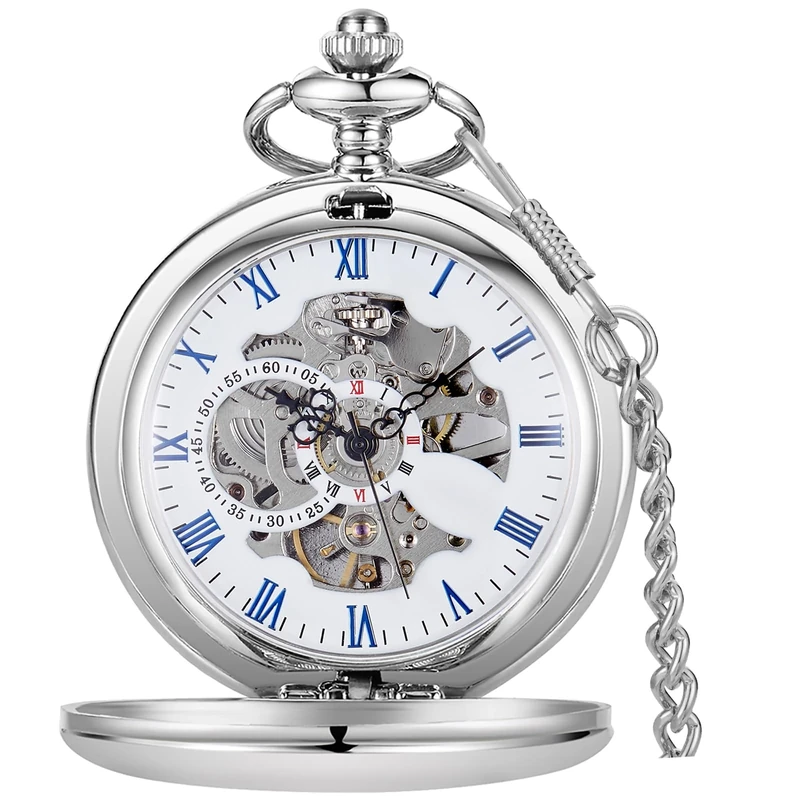 Tiong Vintage Smooth Steel Skeleton Stylish Silver Full Hunter Mechanical Pocket Watch with Chain for Men Women