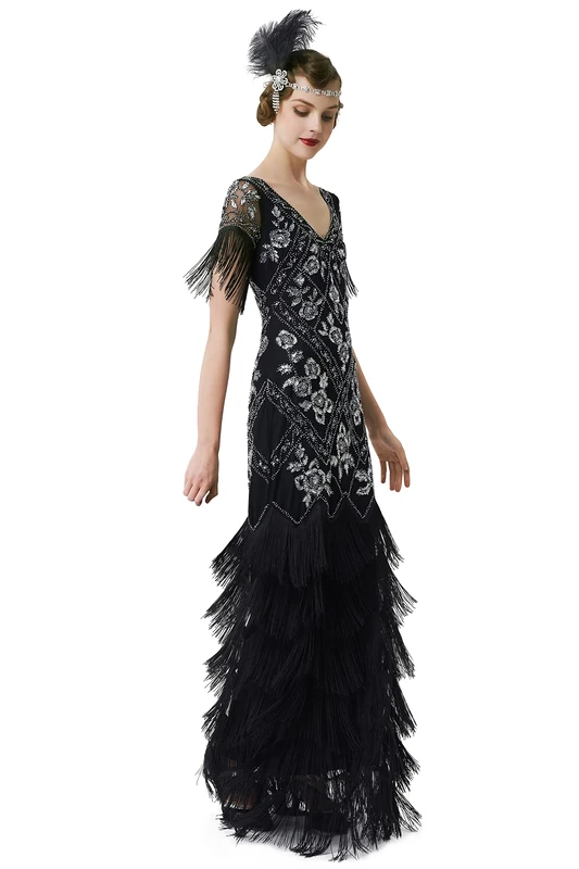 BABEYOND 1920s Women's Evening Dress Long Fringe Sequin Dress Formal Maxi Dress Multi-Layer Prom Dress, Black Silver, X-Large