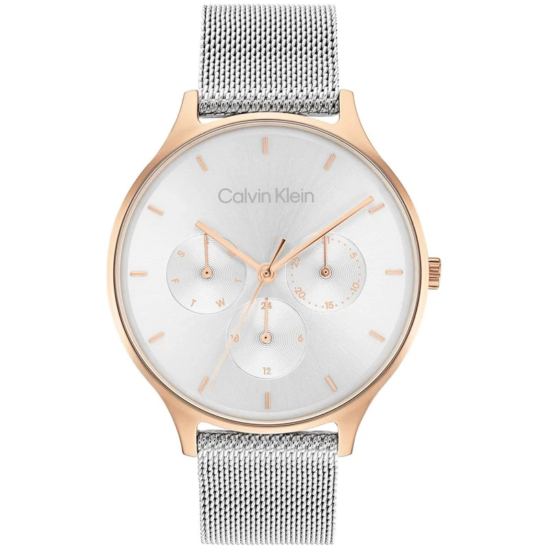 Calvin Klein Analogue Multifunction Quartz Watch for Women Timeless MESH MF Collection with Silver Stainless Steel Mesh Bracelet - 25200106