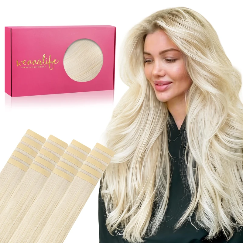 WENNALIFE tape Real Hair Extensions, Pack of 20, 50 g, 45 cm / 18 Inches, Platinum Blonde, Remy, Invisible Extensions, Silky Straight, Skin Weft