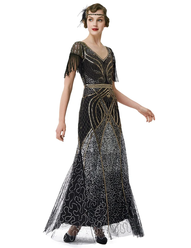BABEYOND Women's Flapper Dress 1920s V-Neck Evening Gown Sequin Beaded Maxi Dress for Wedding, Black Gold, S