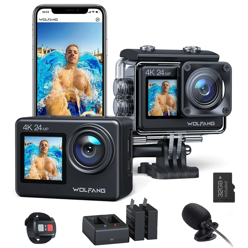 WOLFANG Action Camera 4K 24MP WiFi GA200, 40M Waterproof Underwater Camera for Snorkeling, EIS 170° Wide Angle Dual Screen Vlogging Camera with External Microphone, Charger, Remote Control