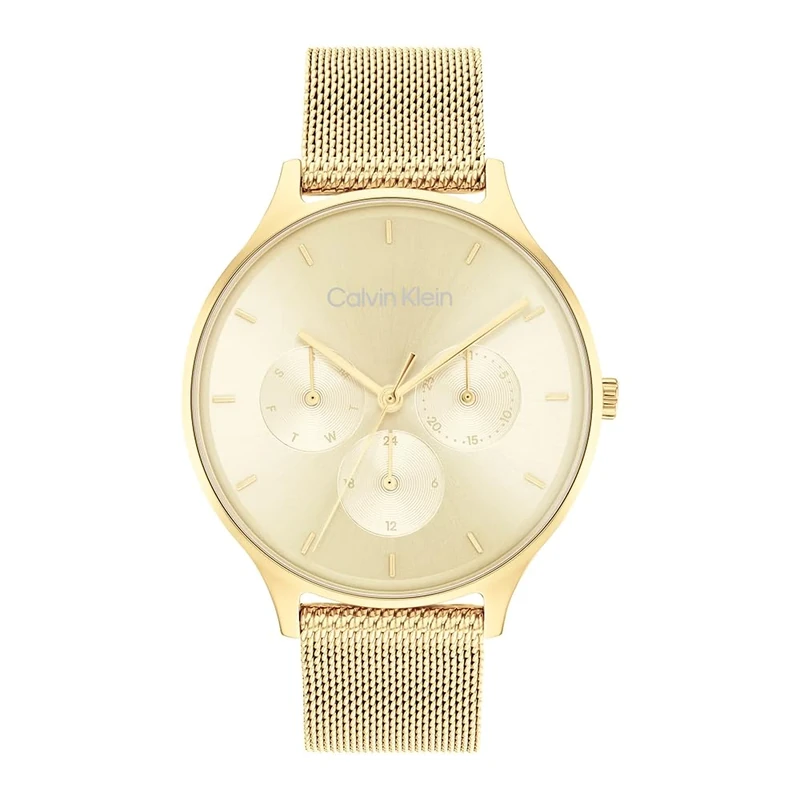 Calvin Klein Analogue Multifunction Quartz Watch for Women Timeless MESH MF Collection with Gold Colored Stainless Steel Mesh Bracelet - 25200103