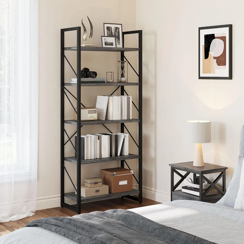 YITAHOME 5 Tiers Bookshelf, Industrial Artsy Grey Bookcase Bookshelves, Storage Rack Shelves Books Holder Organizer for Movies in Living Room Home Office, Charcoal Gray + Black