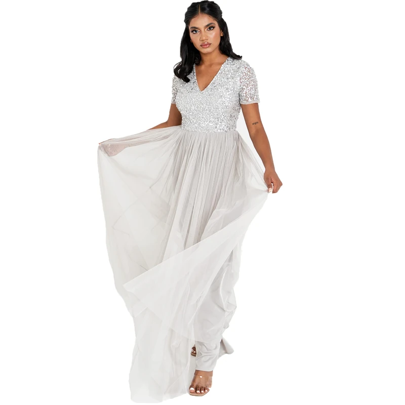 Maya Deluxe Women's Ladies Dress for Wedding Guest Plus Size Empire High Waist Sequins Short Sleeve Evening Bridesmaid, Soft Grey, 18 - Image 1