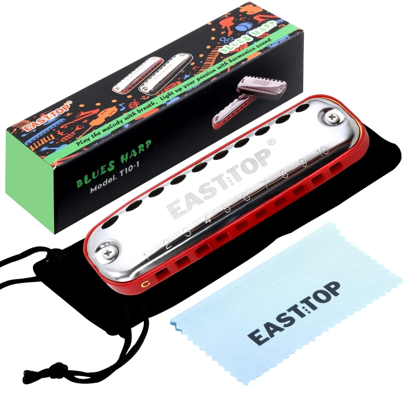 East top Junior Blues Harmonica, 10 Holes C Key Diatonic Harmonica Mouth Organ for Beginner,Kids,Children,Students,Gift,with Smoothly Rounded Edge and Fabric Cloth Pouch
