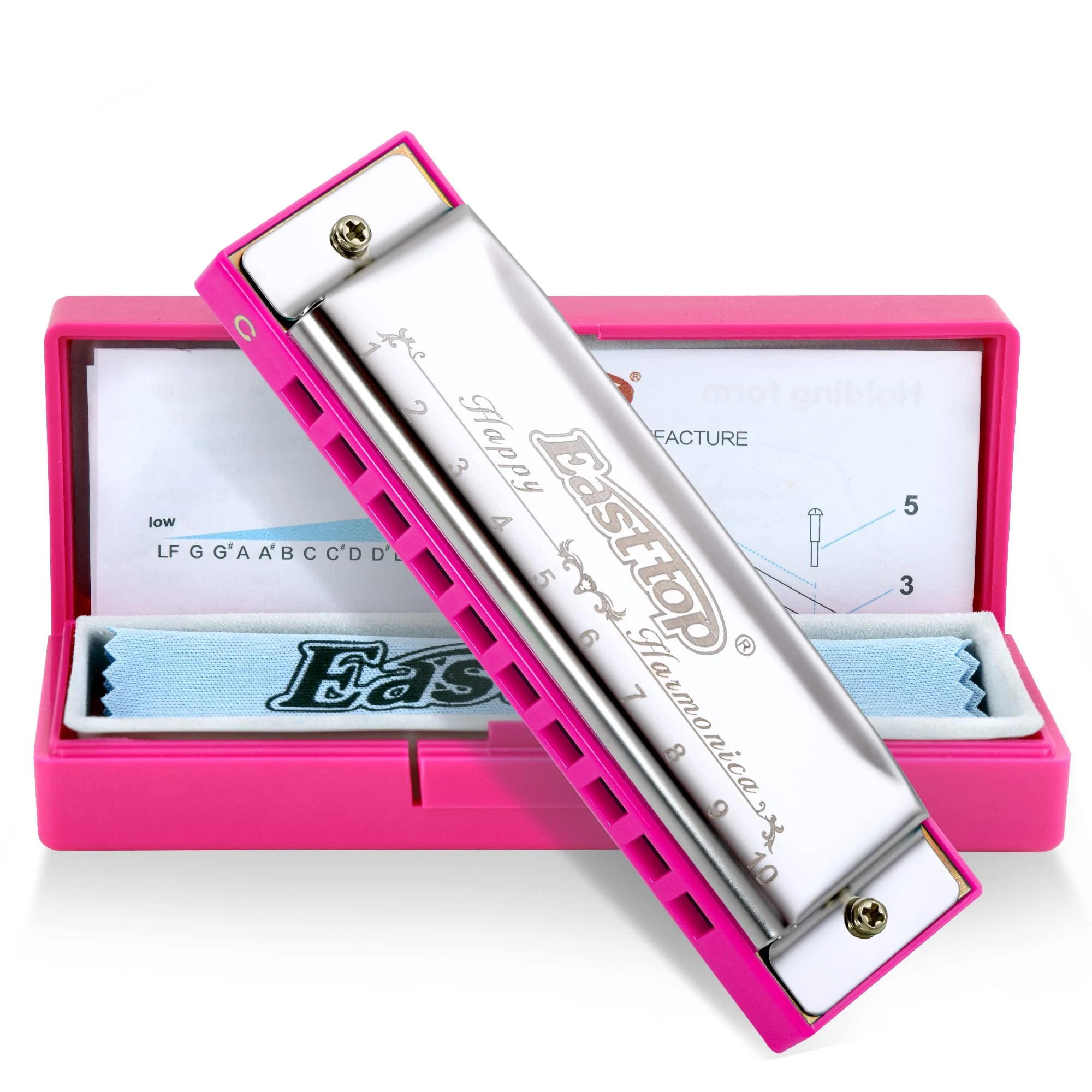 East top Blues Harmonica, Diatonic 10 Holes C Key Happy Harmonica Mouth Organ for Beginner,Kids,Children,Students,Gift,with Carrying Plastic Case,Clean Cloth and Manual