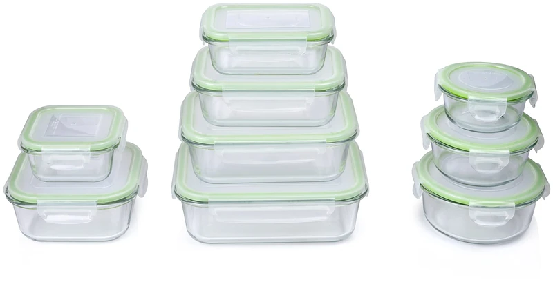 alpina Food Storage Containers with Lids - Glass - 12 Pieces - Glass Container - Storage Box - Microwave, Freezer, Over and Dishwasher Safe - 9 Sizes, Green
