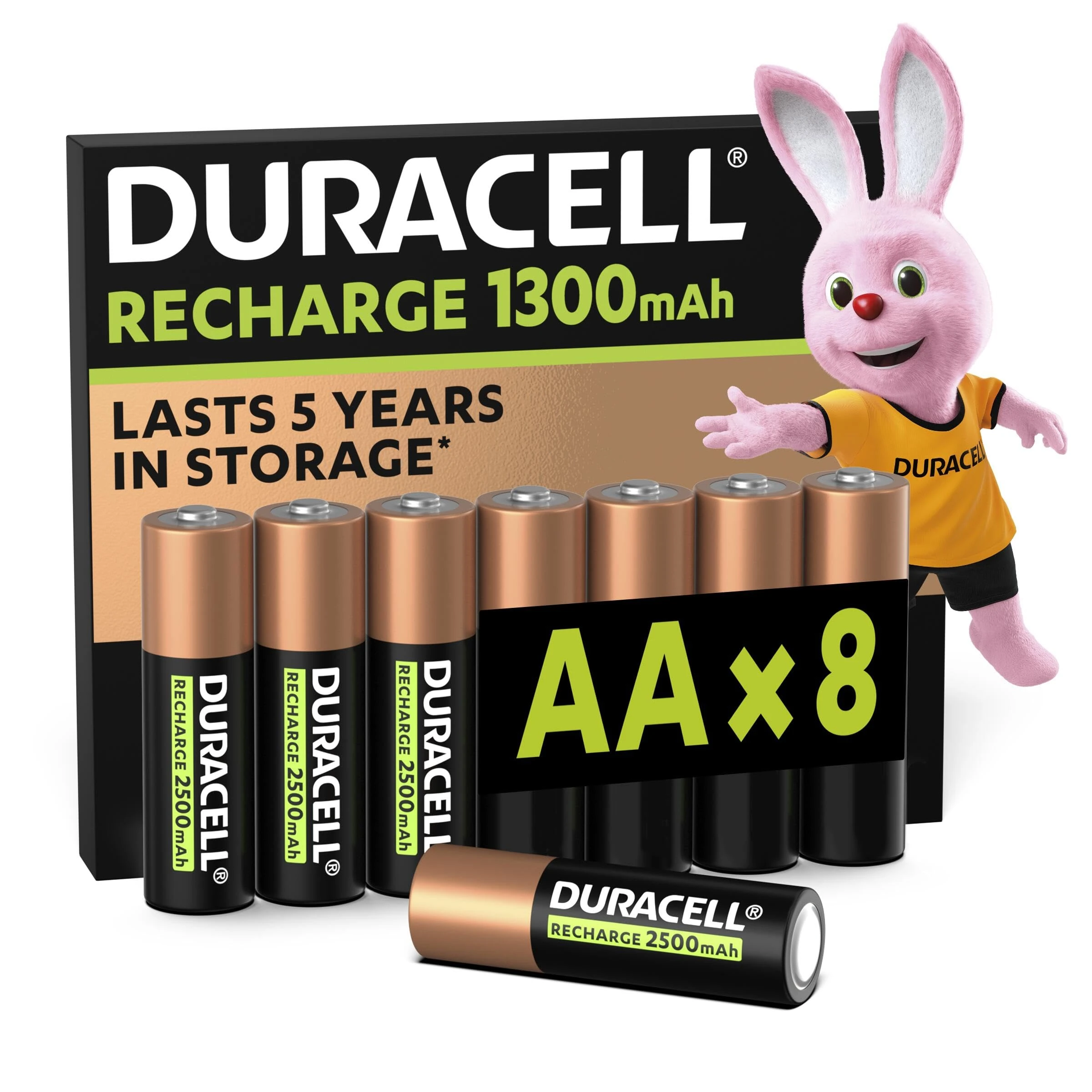 Duracell AA Rechargeable Batteries (Pack of 8), 1300 mAh NiMH, 2000 cycles, pre-charged, Long Lasting Power with a 0% plastic 100% recyclable packaging