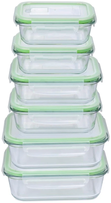alpina Food Storage Containers with Lid, Glass, 12 Pieces, Glass Containers, Storage Box, Microwave, Freezer, Over and Dishwasher Safe, 3 Sizes