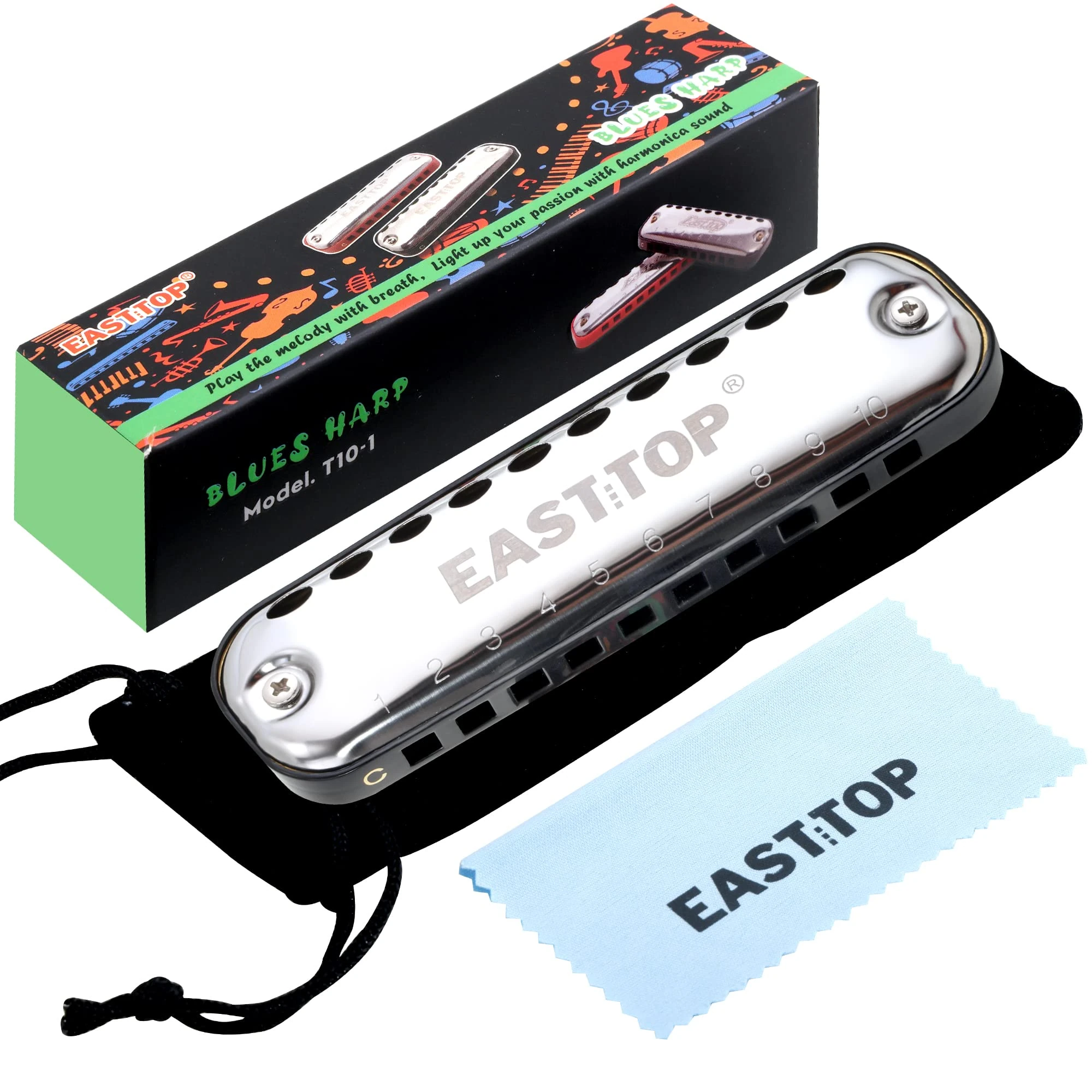 EAST TOP Harmonica Junior Rounded Edge Smooth 10 Hole C Key Blue Mouth Organ Harmonica Kids Kids with Cloth Cloth Bag Colorful Box Black