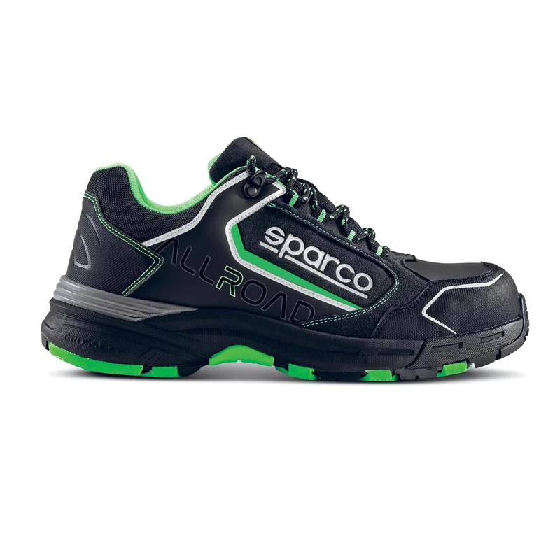 sparco - Allroad - ESD S3S SR FO HRO - Metal-free ESD safety shoes with composite toe cap - Water repellent upper - Non-slip and heat-resistant outsole (HRO), Black fluorescent green, 10 UK
