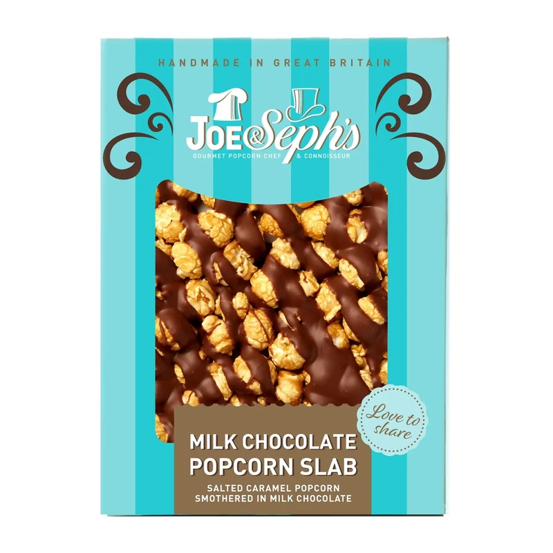 Joe & Seph's Milk Chocolate Popcorn Slab (1x115g), Salted Caramel Gourmet Popcorn, Belgian Milk and White Chocolate Air-Popped Popcorn, 37% of Cocoa, Gifts for Men and Women, Festive Snacks