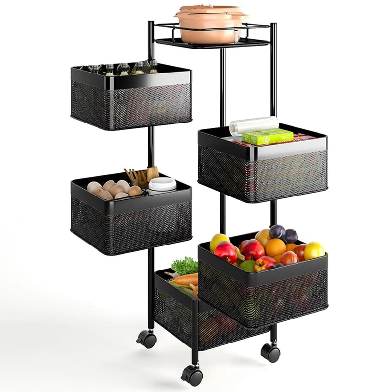BAKAJI Modern Metal Kitchen Trolley with 5 Open Basket Shelves and 4 360° Swivel Wheels, Black, 26 x 85 cm - Image 1
